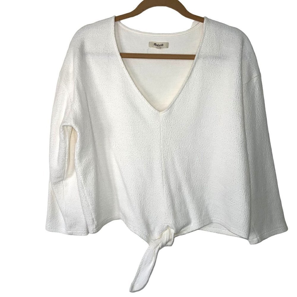 Madewell Tie Front Top Womens Size Large L V Neck White Textured Pure Cotton